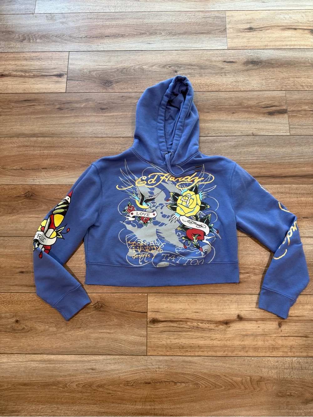 Ed Hardy Purple\Blue Cropped Graphic Hoodie Sweatshirt Size Medium